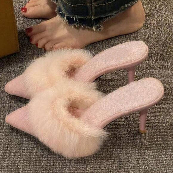 Pink Vacation Women's Fluffy Pointed Toe Slip On High Heel Slides - Picture 3 of 4